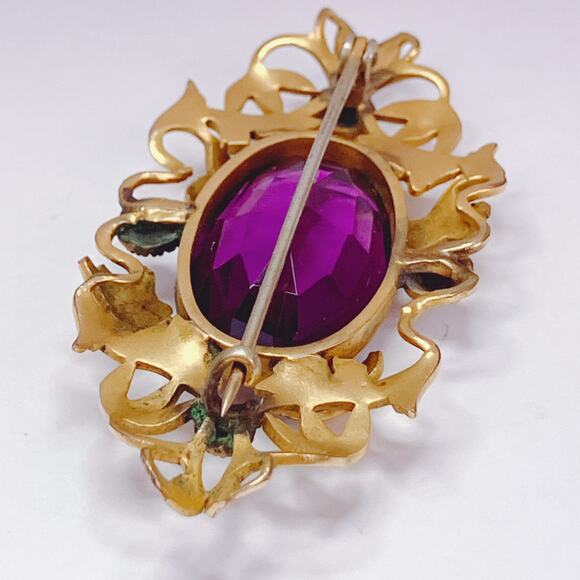 Antique Art Nouveau Gold Tone Ivy Vine Brooch Purple Glass Edwardian 1900s Pin - Picture 10 of 14